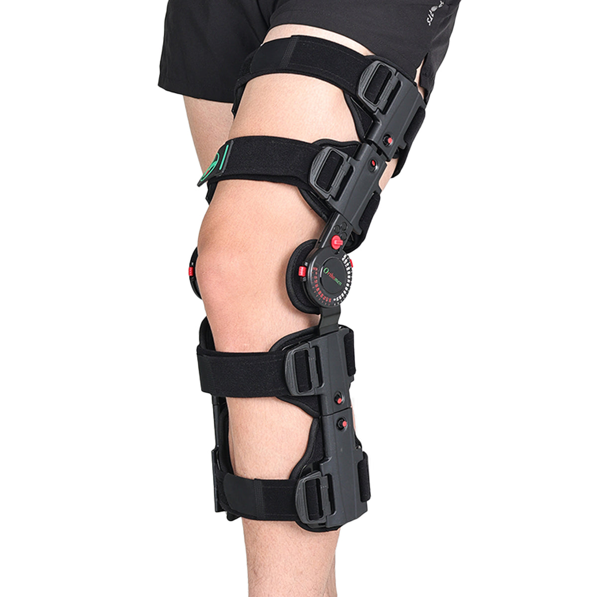 Hinged Post Op Knee Brace for ACL Meniscus Recovery Support Adjustable 0°-120° ROM control, extendable 19"-24" length, weight-relieving shoulder strap for post-surgery support