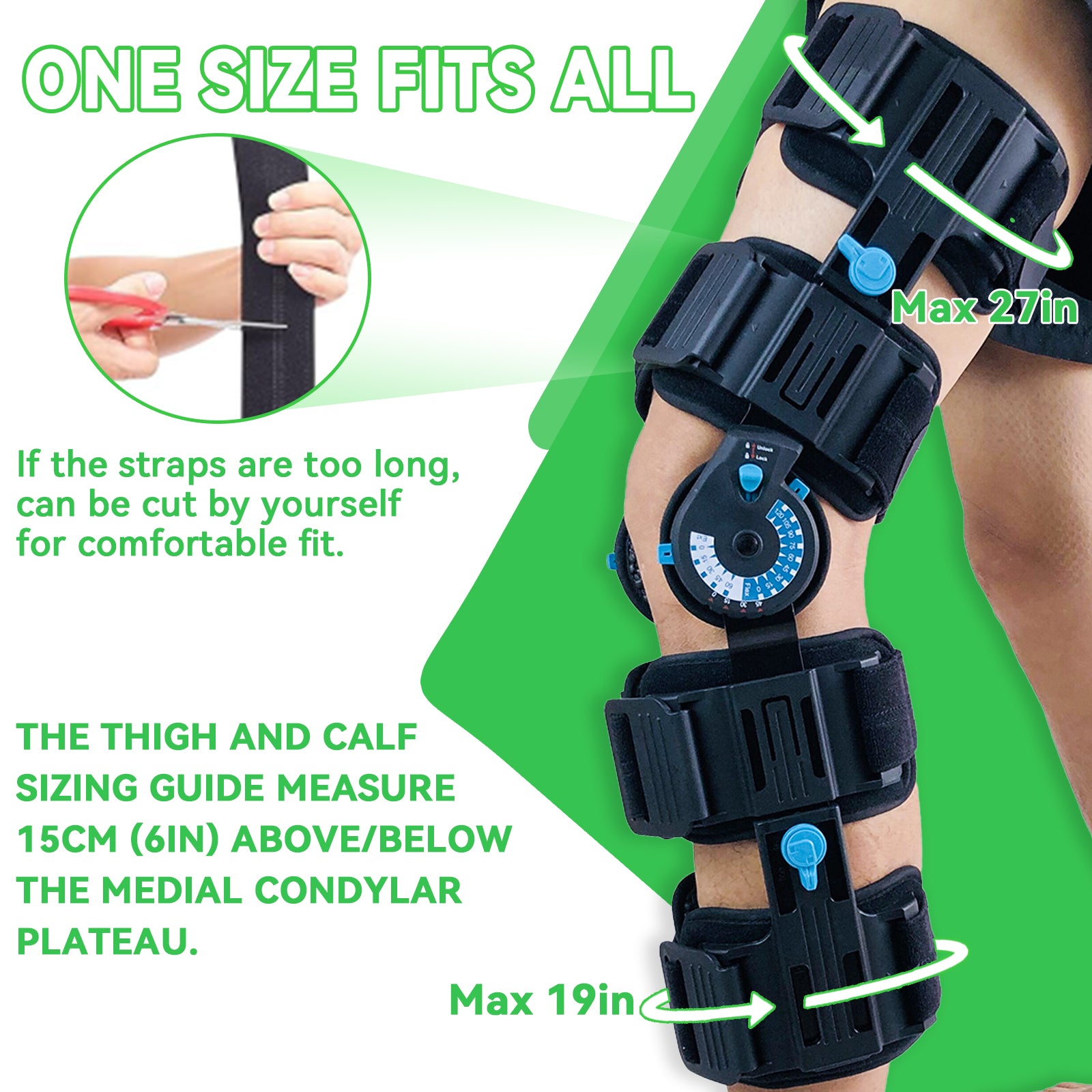 ROM Knee Brace, Hinged Post-Op Knee Immobilizer with 19-27” Adjustable Length, Precise Locking Dial for ACL MCL PCL Recovery, Universal Stabilizer for Meniscus Tear & Arthritis, Left or Right Leg
