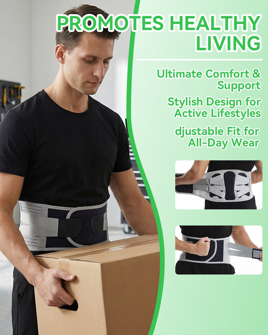 Orthomen Back Brace for Lower Back Pain Relief with 3 Pads, 7 Stays Lumbar Support Belt (5 Curved Steel Plates & 2 Springs), Dual Adjustable Compression Straps for Sciatica, Gym, Work, Men & Women