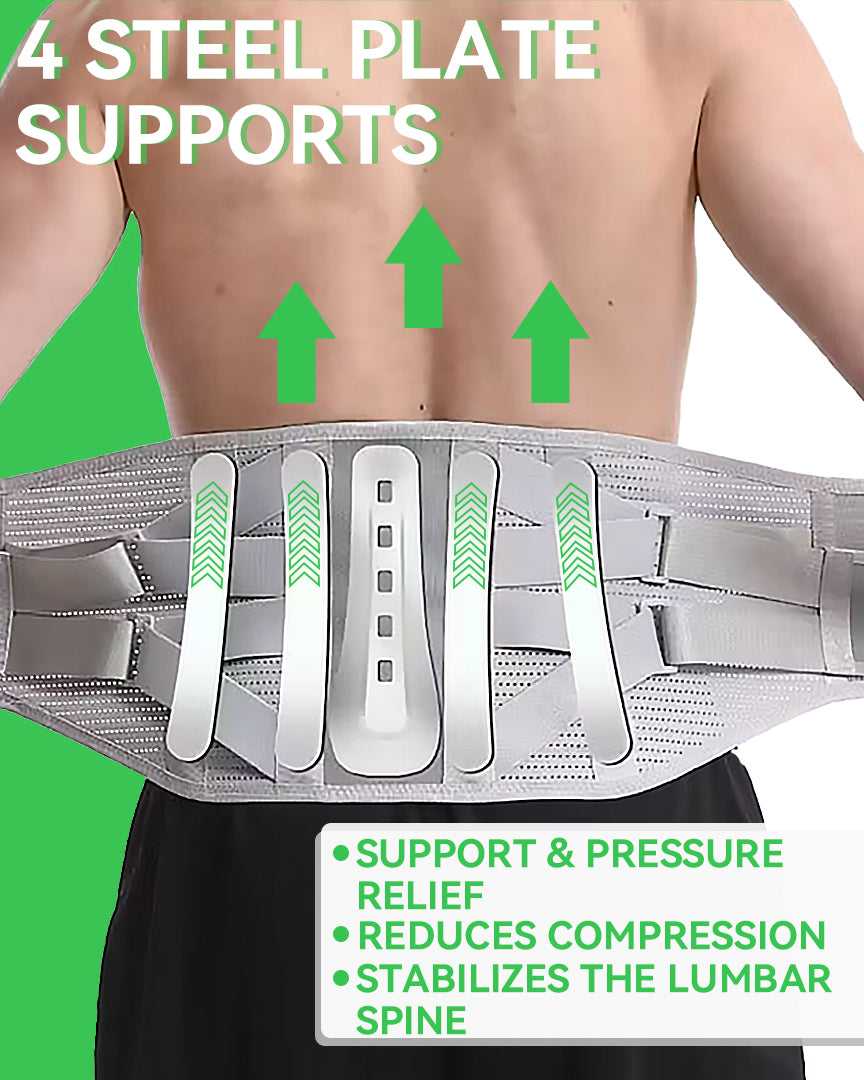 Orthomen Back Brace for Lower Back Pain Relief, Lumbar Support Belt with 5 Steel Stays Bionic Support, High Elastic Breathable Mesh Waist Support with Dual Compression Straps, Grey