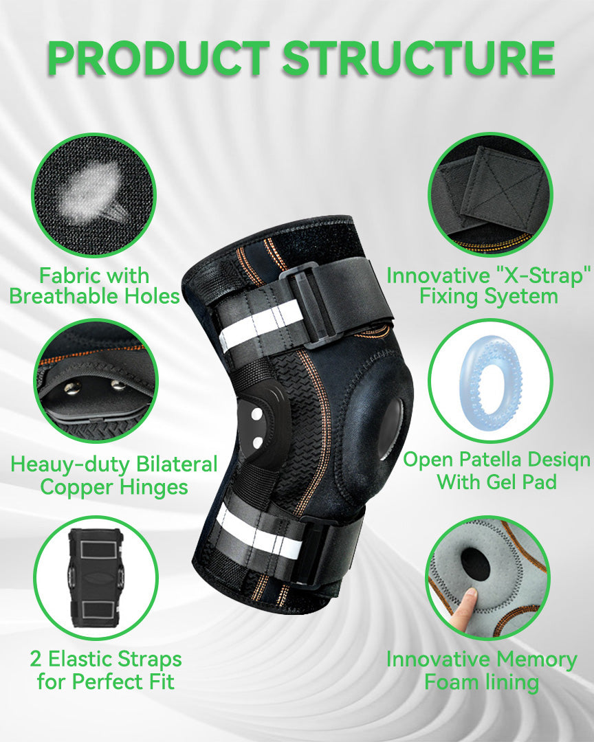 Orthomen Hinged Knee Brace with Dual Side Stabilizers, Open Patella Support for Men and Women, Compression Wrap for Sports, Gym, Workout and Joint Recovery - Adjustable Straps, Black