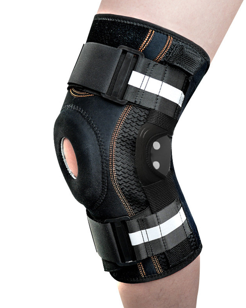 Orthomen Hinged Knee Brace with Dual Side Stabilizers, Open Patella Support for Men and Women, Compression Wrap for Sports, Gym, Workout and Joint Recovery - Adjustable Straps, Black