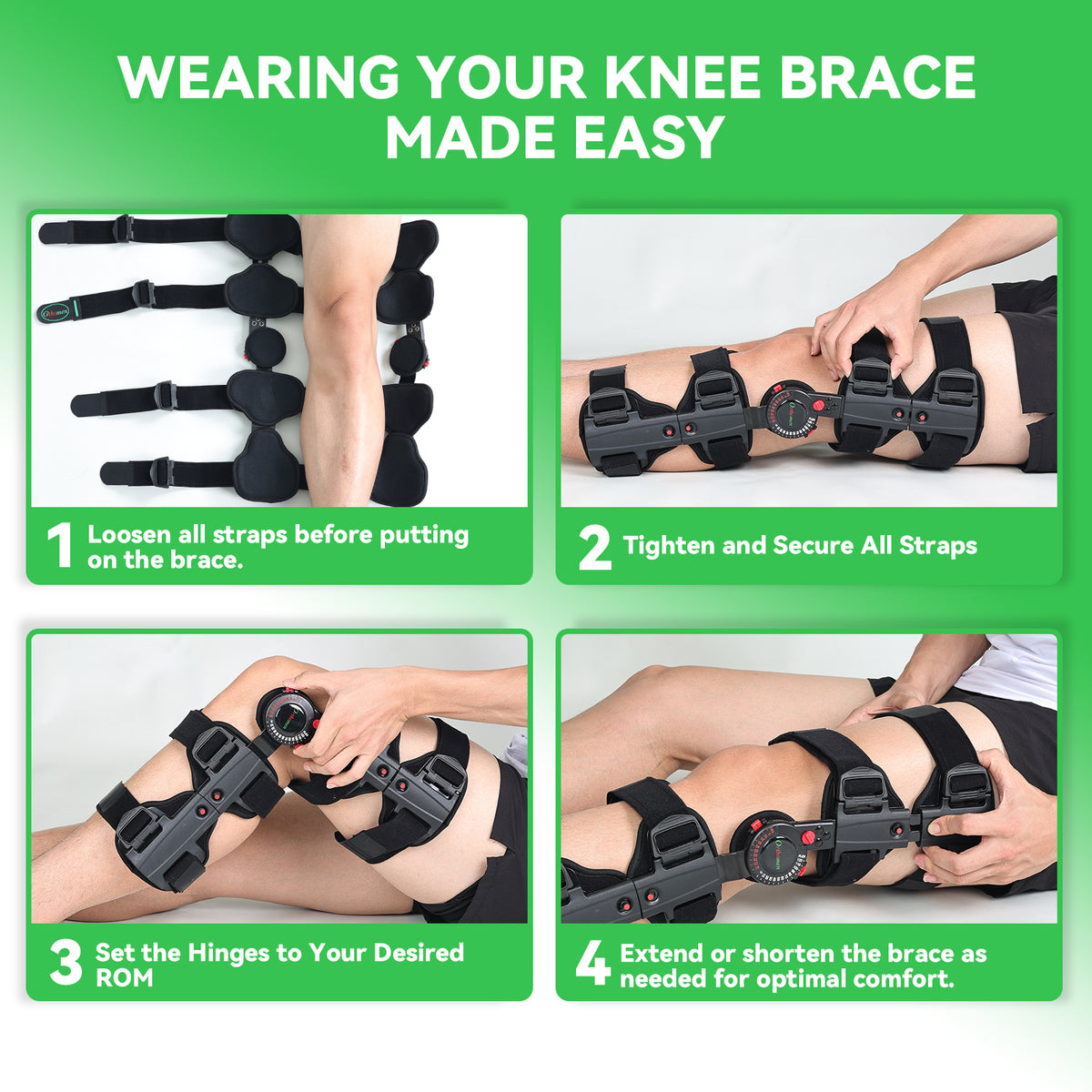 Hinged Post Op Knee Brace for ACL Meniscus Recovery Support Adjustable 0°-120° ROM control, extendable 19"-24" length, weight-relieving shoulder strap for post-surgery support
