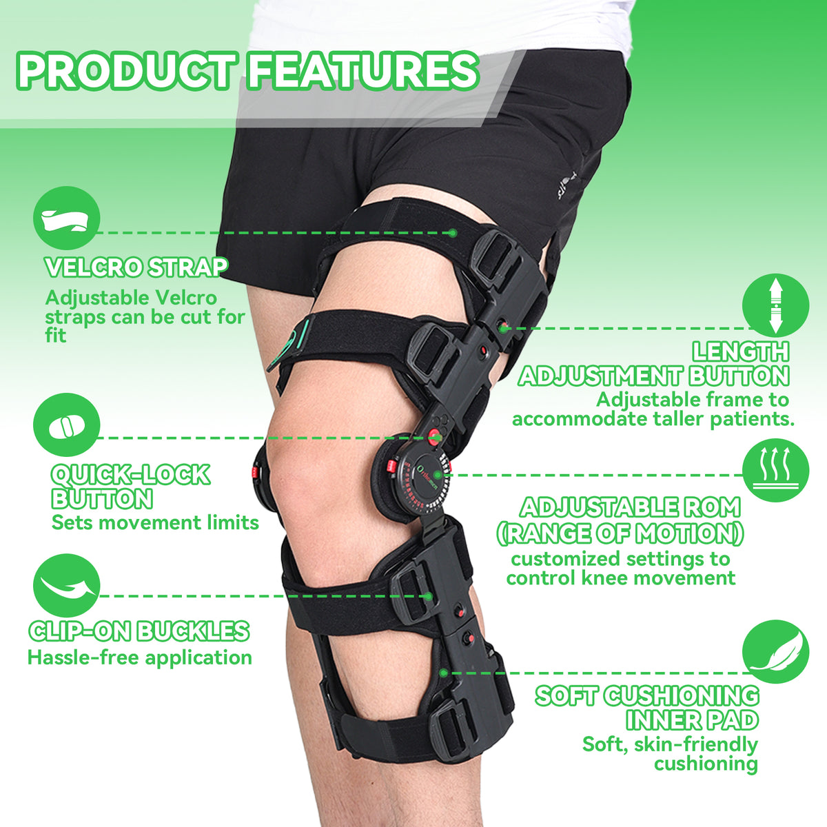 Hinged Post Op Knee Brace for ACL Meniscus Recovery Support Adjustable 0°-120° ROM control, extendable 19"-24" length, weight-relieving shoulder strap for post-surgery support