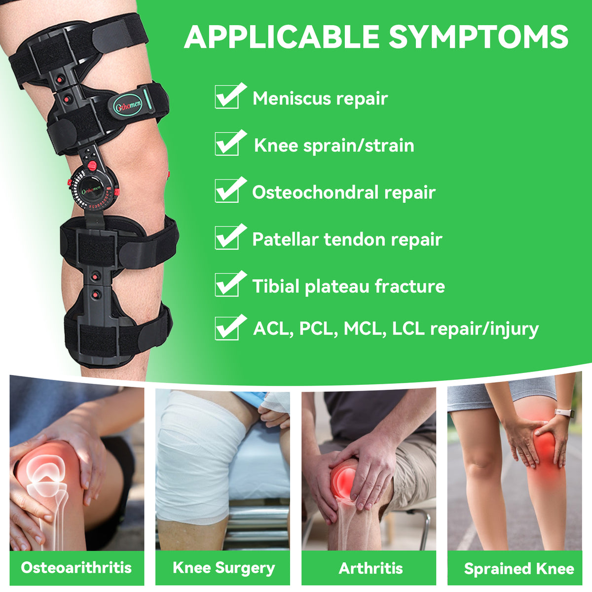 Hinged Post Op Knee Brace for ACL Meniscus Recovery Support Adjustable 0°-120° ROM control, extendable 19"-24" length, weight-relieving shoulder strap for post-surgery support