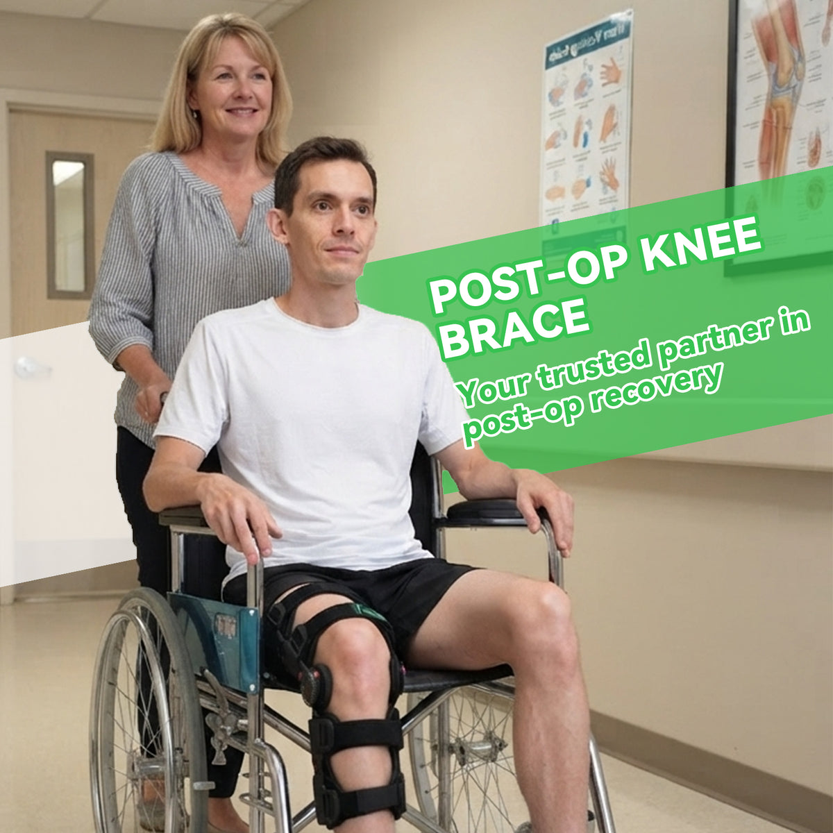 Hinged Post Op Knee Brace for ACL Meniscus Recovery Support Adjustable 0°-120° ROM control, extendable 19"-24" length, weight-relieving shoulder strap for post-surgery support