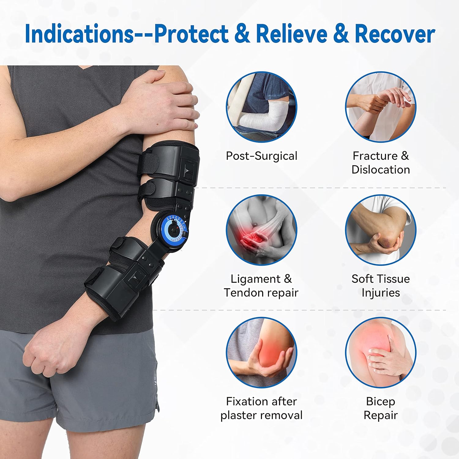 Hinged ROM Elbow Brace, Adjustable Post OP Elbow Brace Stabilizer Splint Arm Injury
